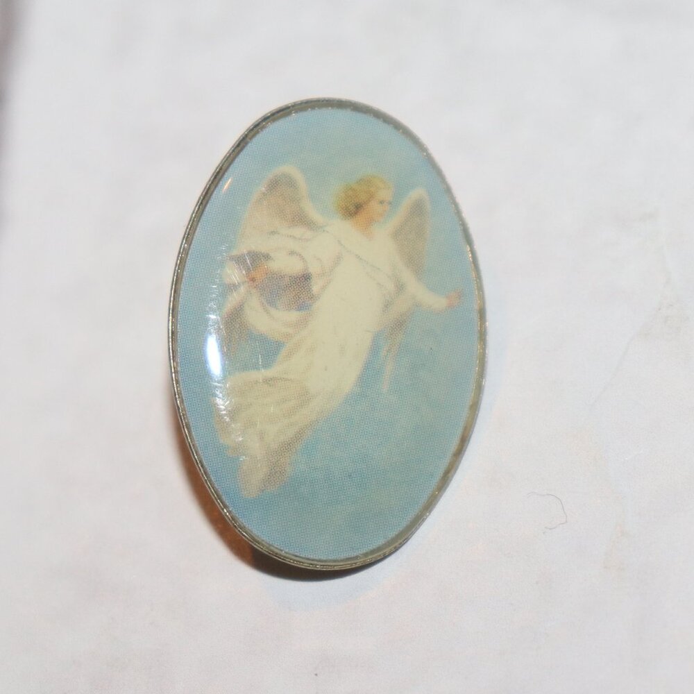 Vintage gold and blue angel lapel pin 1"